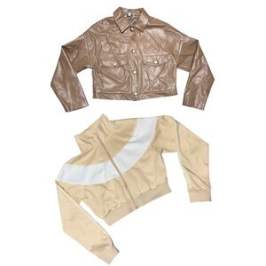 Beige Outfit Bundle | Faux Leather Cropped Jacket + Fashion Nova Athletic Set